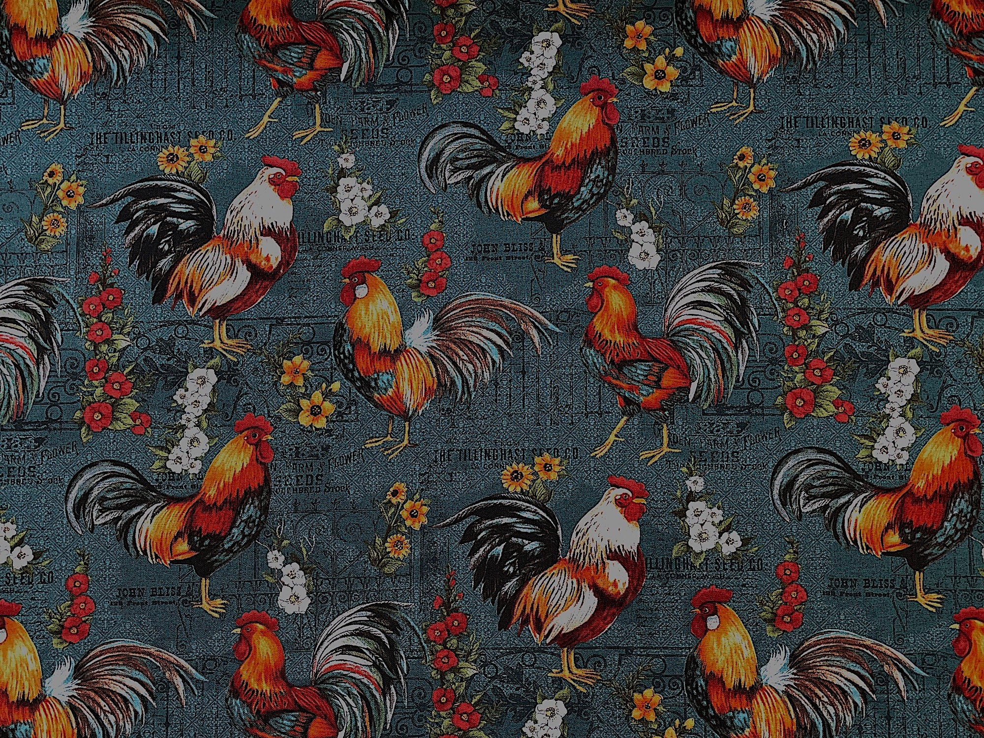 This fabric is part of the Garden Gate collection. This dark fabric is covered with roosters and flowers.