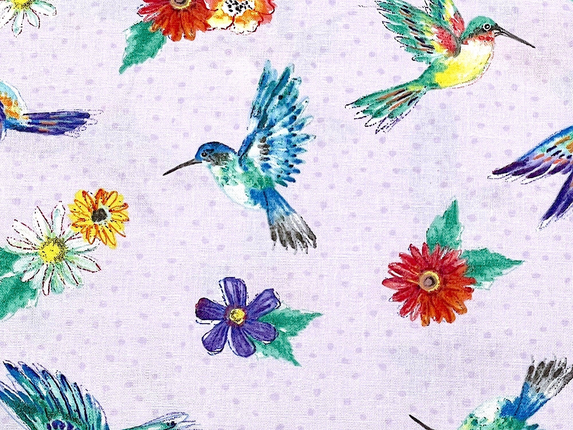 This fabric is part of the Fanciful Flight collection by Lori Siebert. This light purple fabric is covered with birds that are a variety of colors such as blue, green, black and white. There are also yellow and orange flowers spread through the fabric.