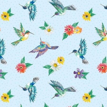 This fabric is part of the Fanciful Flight collection by Lori Siebert. This light blue fabric is covered with birds that are a variety of colors such as blue, green, black and white. There are also yellow and orange flowers spread through the fabric.