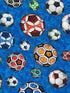 Close up of red, black, green, blue and yellow soccer balls.
