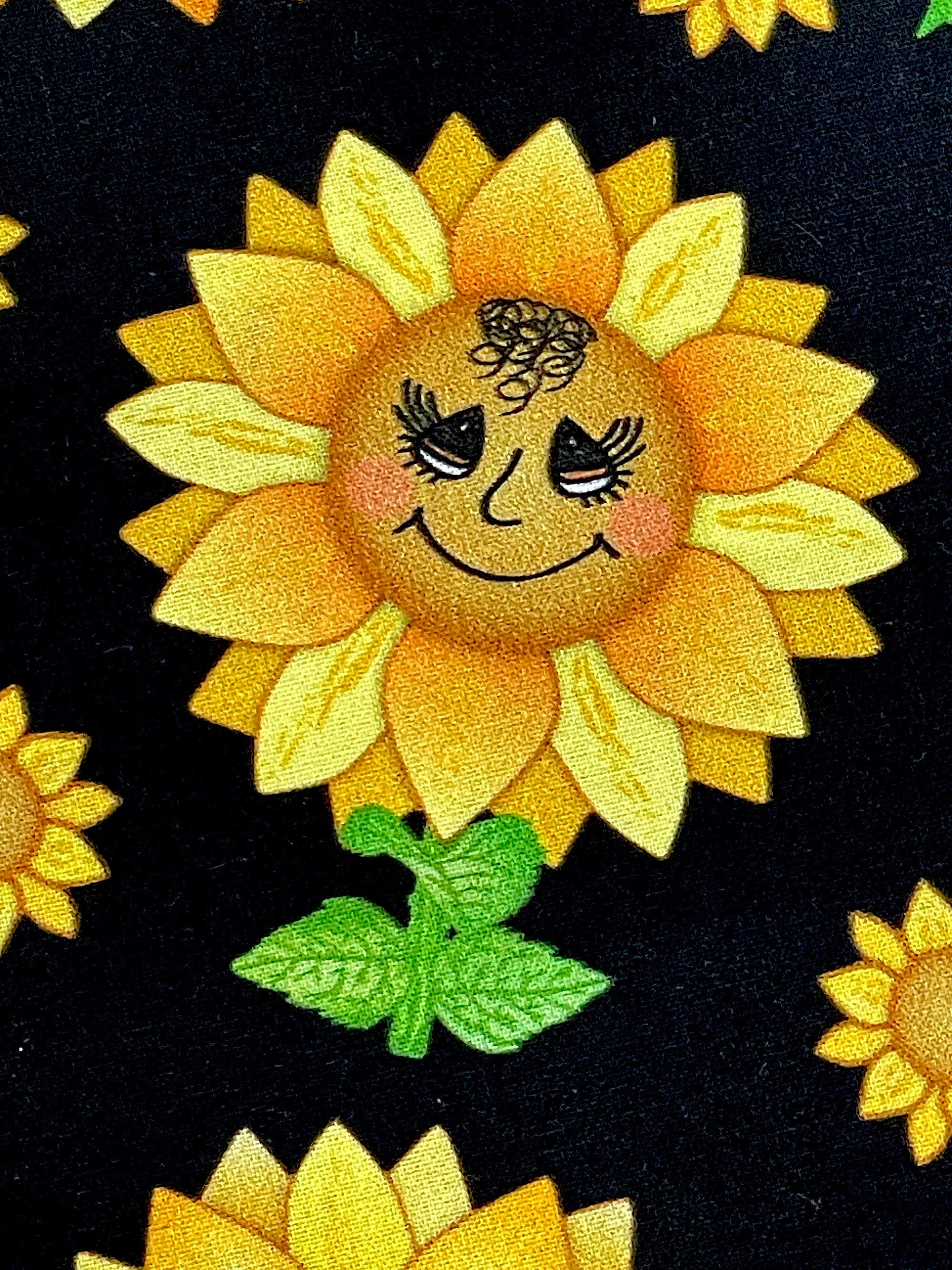 Close up of a sunflower with a face on a black background.