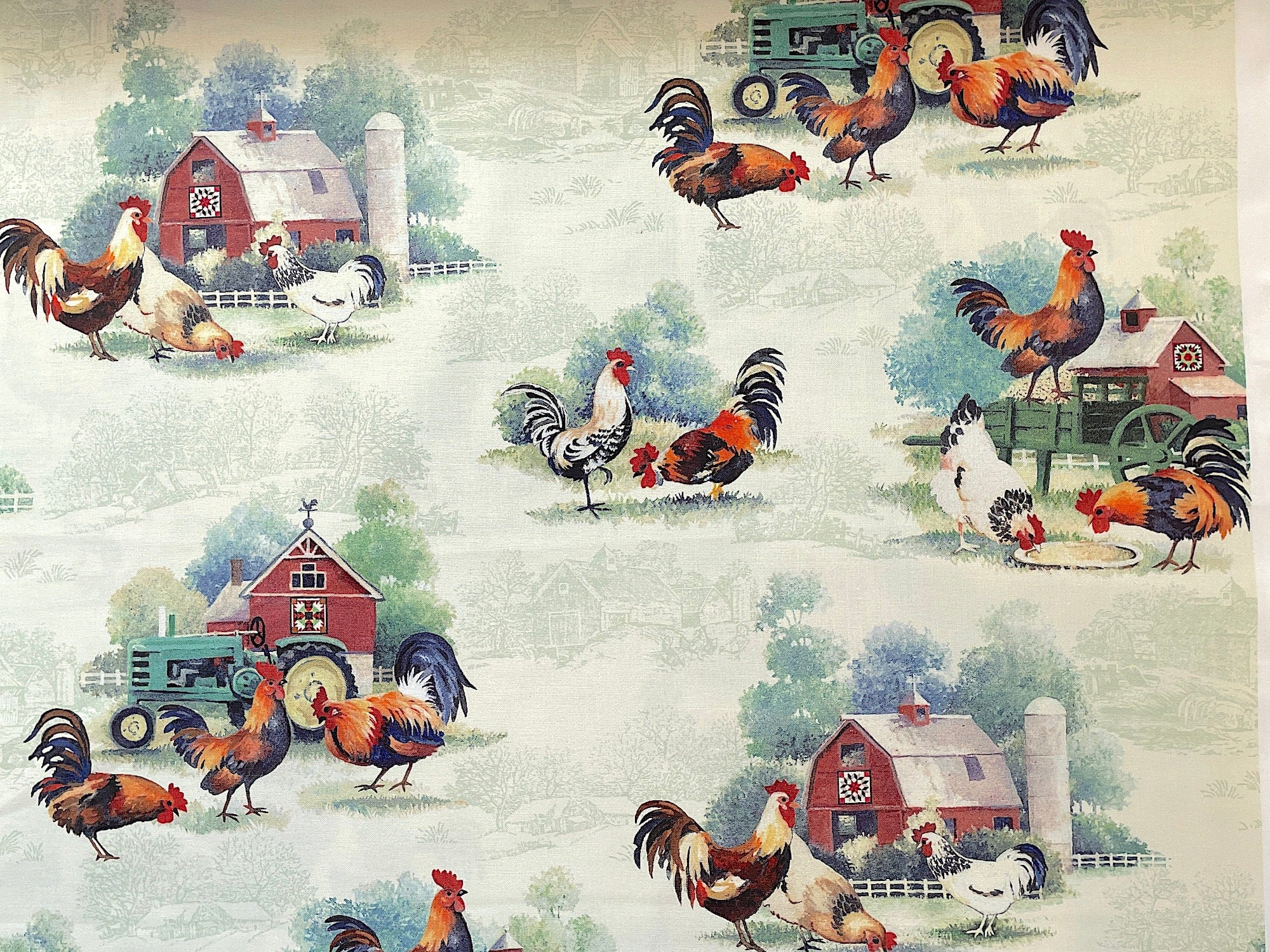 This fabric is part of the Rooster Farm House collection. This cream colored fabric is covered with roosters, barns, grass, trees and more.