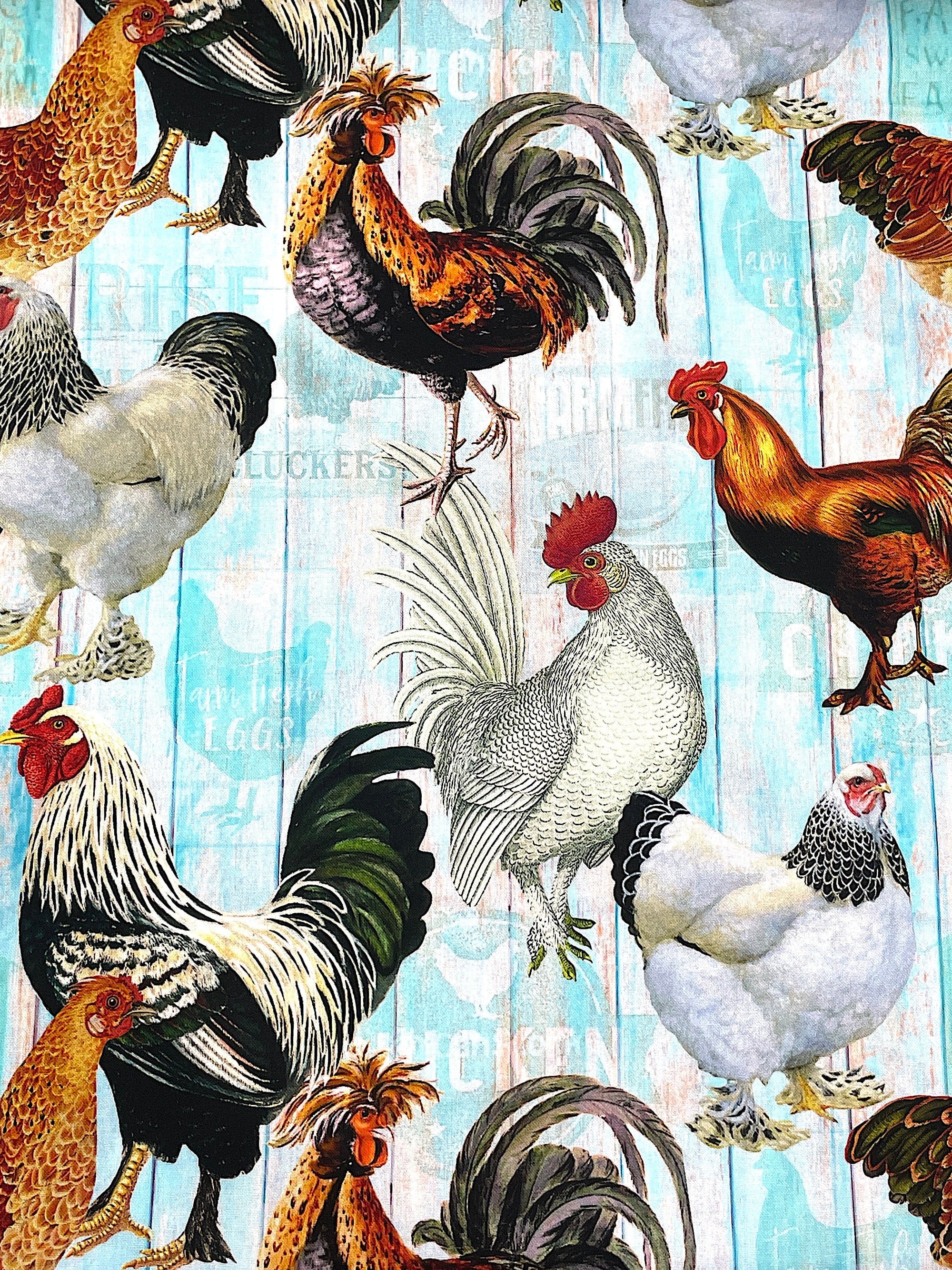 This fabric is covered with a faded fence in blue and white. In front of the fence are chickens that are black, white, and shades of brown.